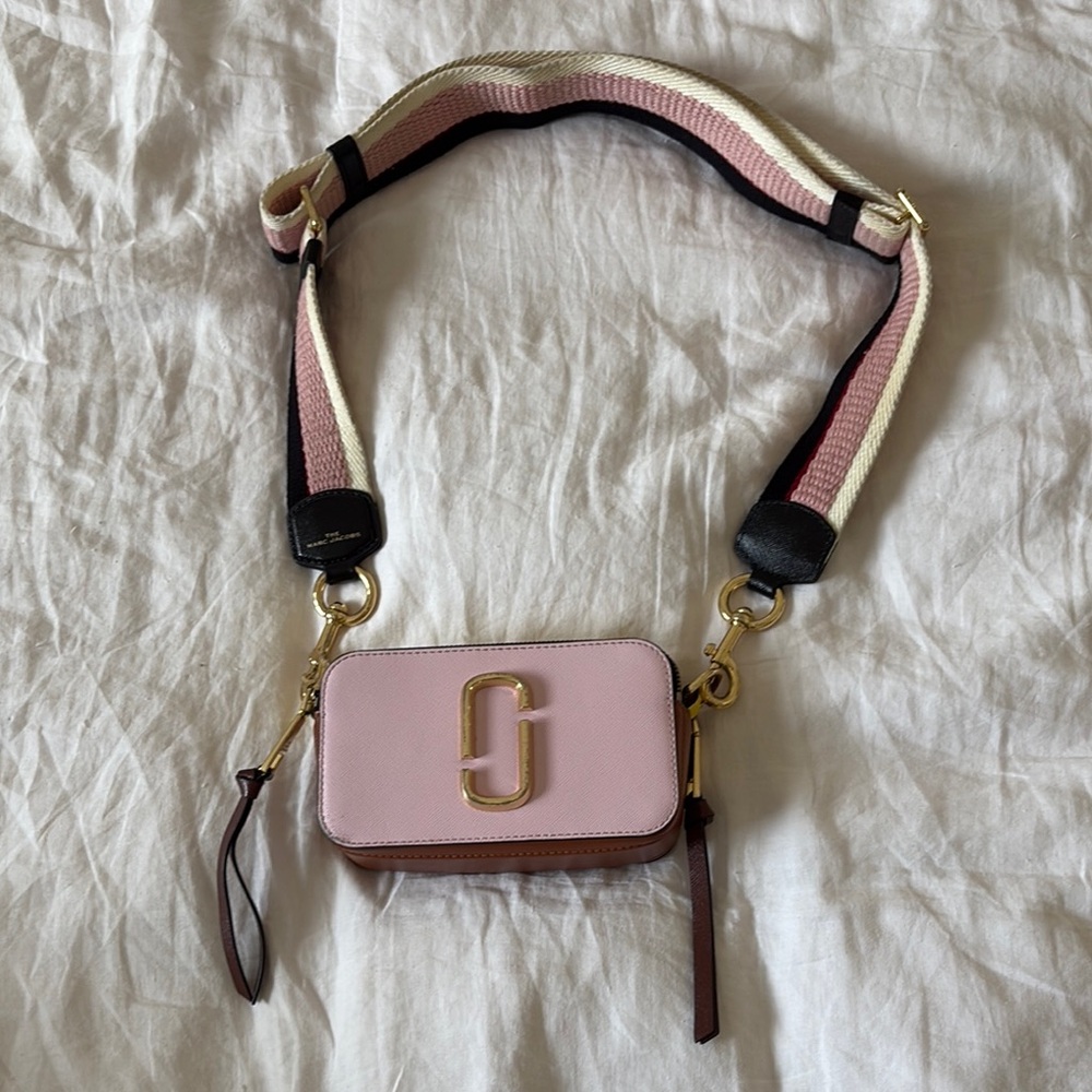 Marc Jacobs Pink and Brown Crossbody Snapshot Bag with Striped Strap